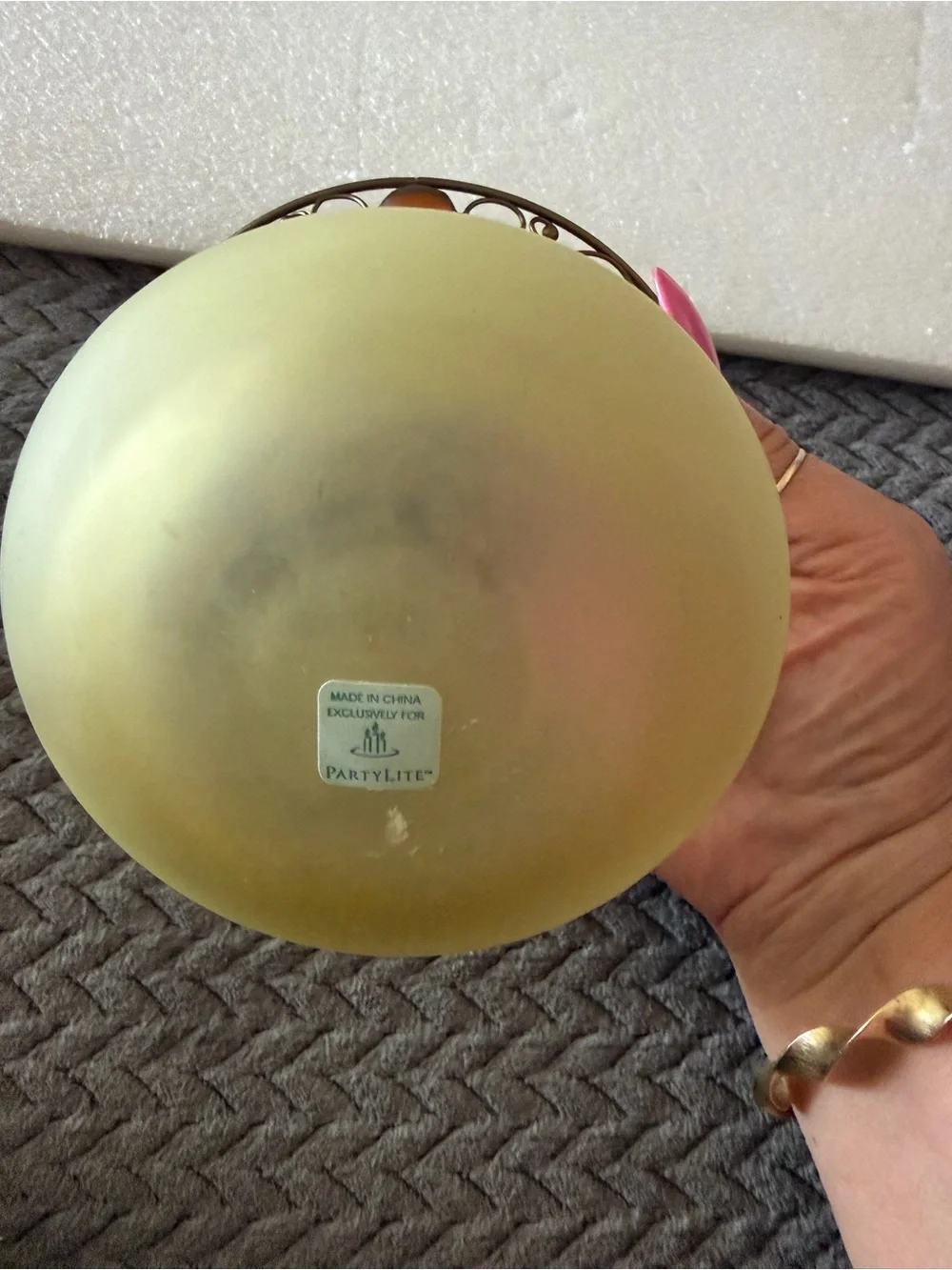 PartyLite Yellow Frosted Glass Hanging Lantern with Antique Brass Chain & stones